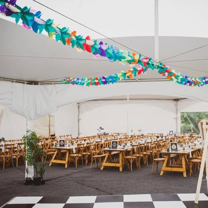Trestle tables set up with dance floor